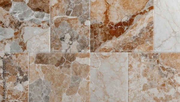 Fototapeta Elegant marble tile pattern featuring warm beige, cream, and light brown hues, arranged in a grid layout showcasing unique vein structures.