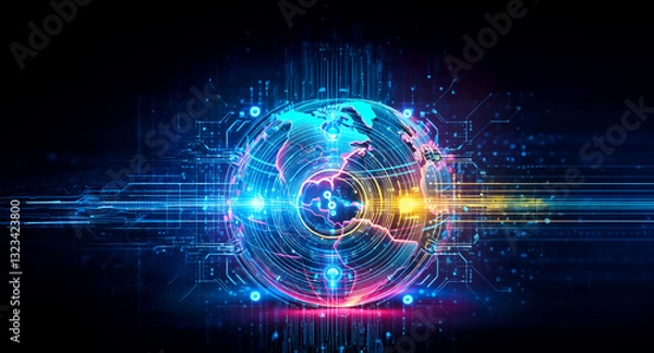 Fototapeta A glowing digital globe with vibrant blue and orange lines and dots illustrates global connectivity on a dark background, representing modern technology.