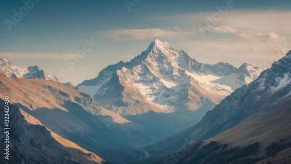 Fototapeta Majestic mountain landscape with snow-capped peaks in the background, golden valleys below, and ample copyspace for text or design above.