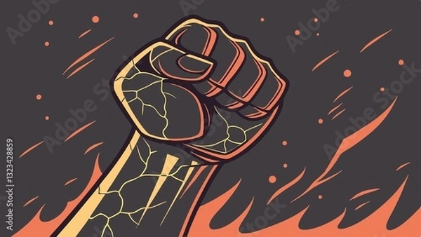 Fototapeta A Defiant Fist Raised Amidst Fiery Flames, A Symbol Of Unwavering Resistance And Strength In A Stylized Graphic Design
