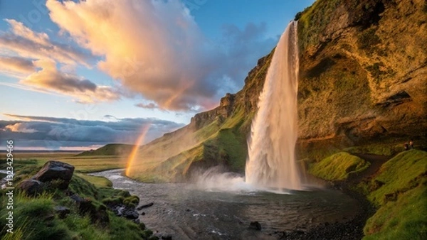 Fototapeta A waterfall at sunset, with the golden light illuminating the mist and creating a rainbow in the spray.