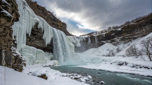 Fototapeta A frozen waterfall in the heart of winter, with massive icicles clinging to the rocks and snow covering the surrounding landscape. Highlight