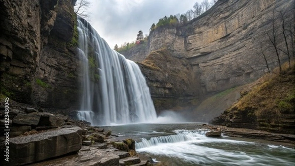 Fototapeta A long-exposure shot of a narrow, multi-tiered waterfall flowing down a rocky cliff face.