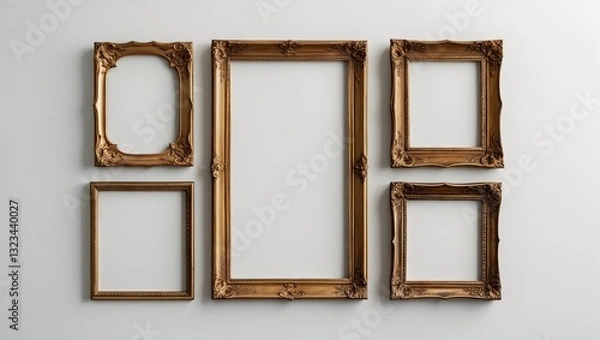 Fototapeta Elegant arrangement of five vintage gold frames in various sizes on a light textured wall showcasing empty spaces for artwork or photos.