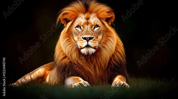 Obraz Majestic Lion Resting in Grass, Showcasing Strong Features and Vibrant Mane During Twilight Hours