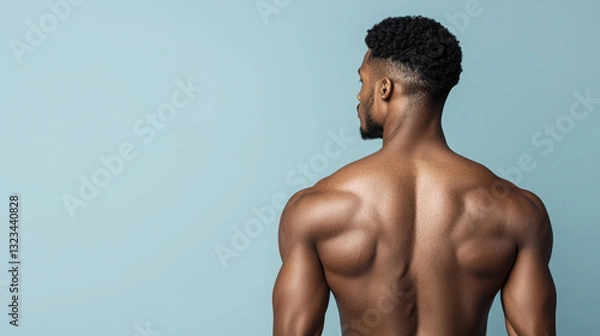 Fototapeta Athlete showcasing strong back muscles against light blue background, emphasizing fitness and strength. image captures moment of determination and athleticism