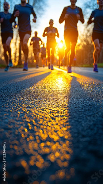 Fototapeta Runners in Motion at Sunset Along a Park Trail Creating Dynamic Silhouettes Against a Glowing Backdrop