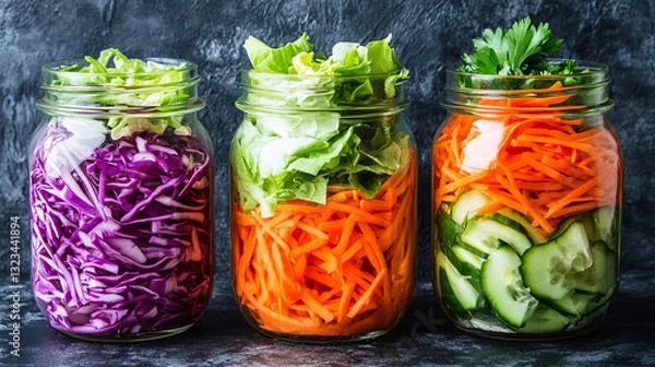 Obraz Colorful Jars Filled With Fresh Vegetables Showcasing Vibrant Salad Ingredients for Healthy Meals