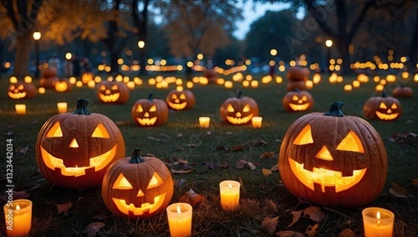 Fototapeta Festive Halloween scene with glowing jack-o'-lanterns and flickering candles scattered across a park, featuring warm orange and soft yellow tones.