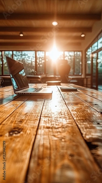 Fototapeta Sunlight Streams Into a Modern Workspace Highlighting a Laptop on a Wooden Table in an Inviting Atmosphere