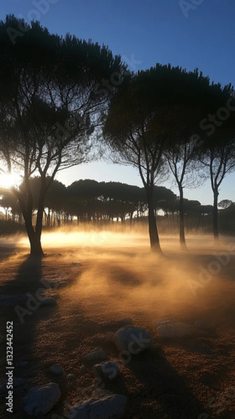 Obraz Foggy Morning Light Filters Through Trees in a Peaceful Natural Landscape at Sunrise
