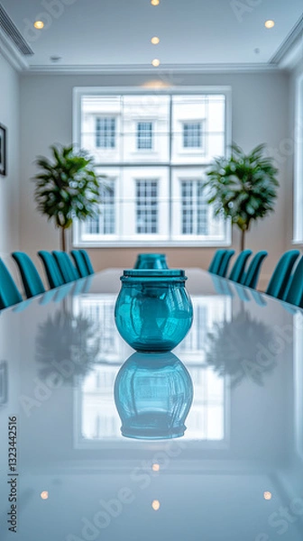 Obraz Elegant Turquoise Vase Centered on a Pristine Conference Table With Modern Decor in a Bright Meeting Room