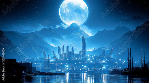 Obraz City Skyline Illuminated by Full Moonlight Reflects on the Water With Mountains in the Background at Night