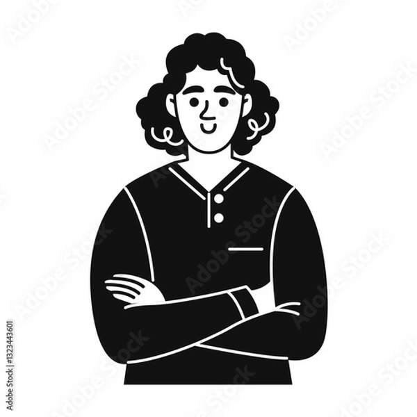 Fototapeta A young curly-haired man stands with his arms crossed over his chest. Vector black and white illustration in doodle style