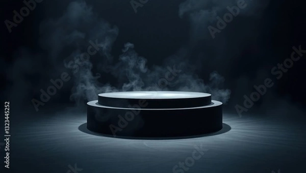 Obraz A Mysterious, Dark Stage Bathed In Ethereal Smoke, A Platform Awaits Its Moment In The Spotlight With Cool Blue Tones And Subtle Texturing