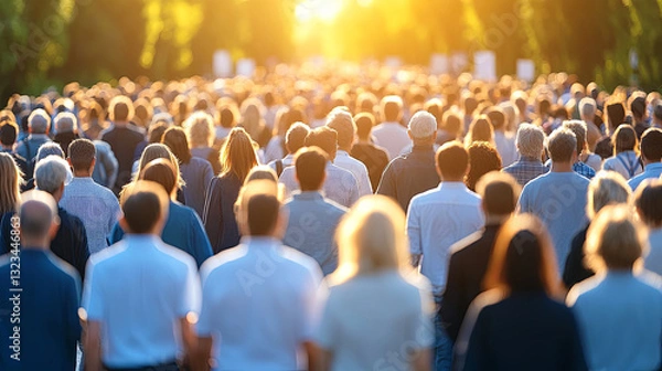 Fototapeta Crowd Gathered During Sunset at a Public Event in an Open Park Space With Warm Sunlight Illuminating the Scene