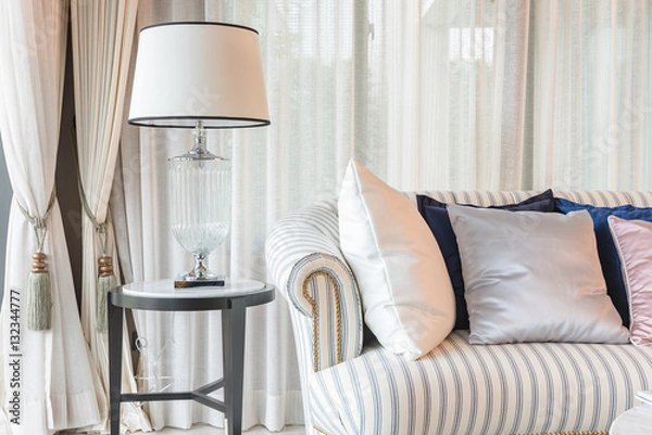 Fototapeta set of sofa with pillows and classic white lamp