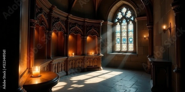Fototapeta Serene Interior Sunlight Illuminates Ornate Wooden Cabinetry and Stained Glass Window in a Tranquil Chapel Setting