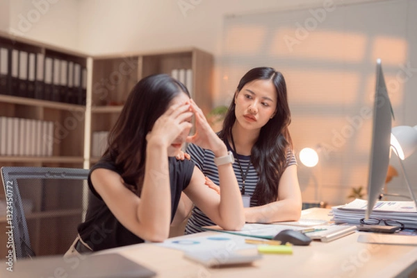 Fototapeta Asian businesswoman is comforting her stressed colleague who is covering her face with her hands, showing concern and support in the workplace