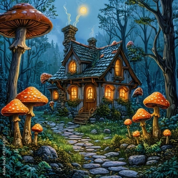 Obraz  A tiny cottage surrounded by glowing mushrooms in an enchanted forest clearing. Generated AI