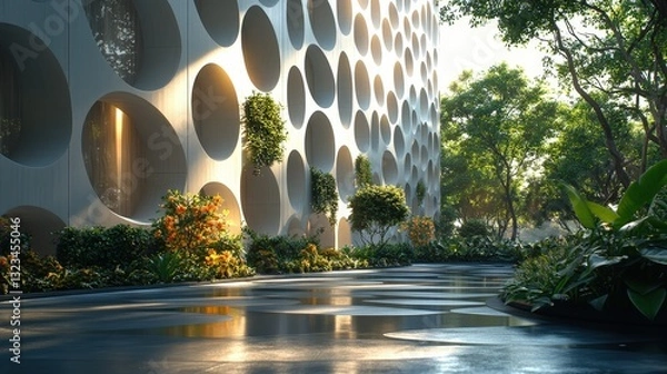 Fototapeta Modern architecture with green landscaping.