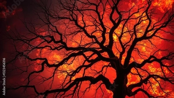 Fototapeta Blazing inferno engulfing dark twisted tree branches, hellish, darkness