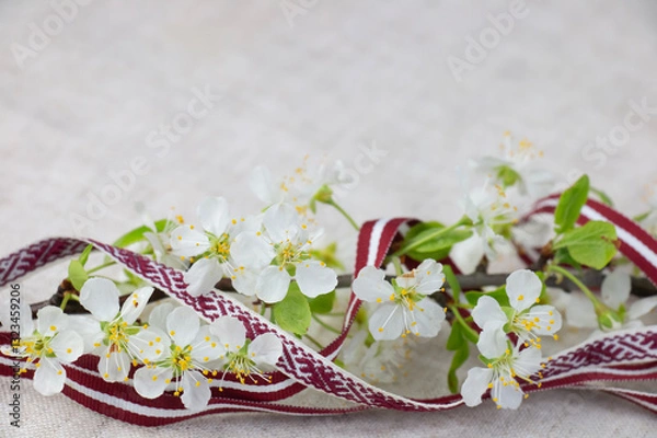 Fototapeta May 4, Independence Day of Latvia, greeting design with flowers and Latvian flag. Greeting card or banner.
