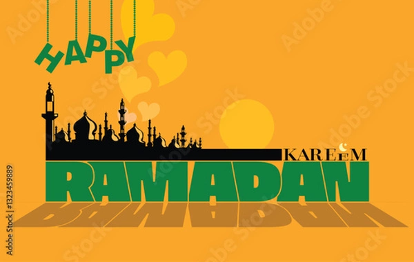 Obraz Ramadan Kareem background illustration with mosque silhouette, moon, stars, and wishes on yellow background Ramadan celebration card festive design