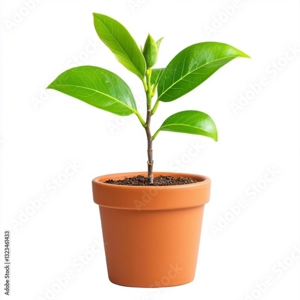 Fototapeta A vibrant green seedling sprouts from dark soil in a terracotta pot against a bright white background.