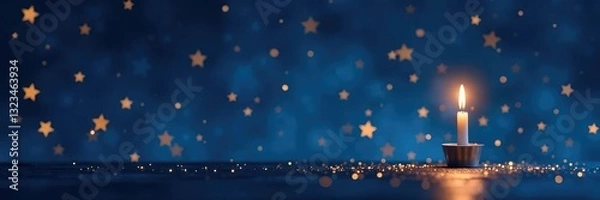 Fototapeta Golden stars and twinkling lights against a dark blue background with a lone candle on the horizon, serene, hanukkah