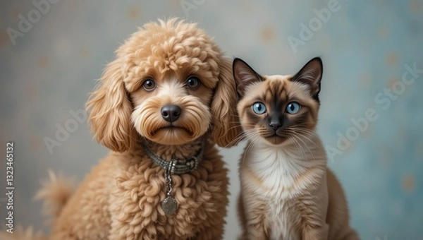 Fototapeta Adorable dog and cat posing together, showcasing friendship and companionship in a warm setting.