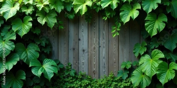 Fototapeta Lush tropical leaves and vines in shades of green against a wooden fence, garden fence, lush greenery