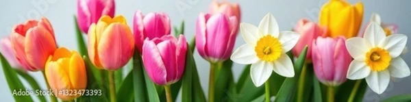 Fototapeta Pink tulip and white daffodil mix in a colorful bouquet, flower arrangement, tulips, daffodils