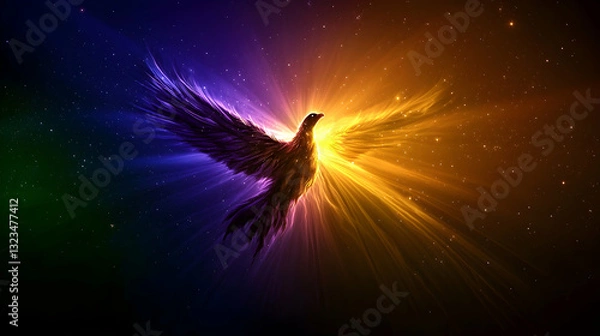 Fototapeta A vibrant bird with radiant wings amidst a starlit cosmos scene