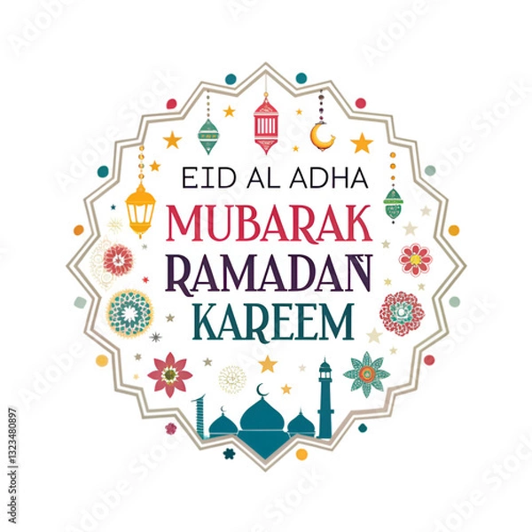 Obraz Eid Mubarak Font On Floral Round Frame Against White Background
