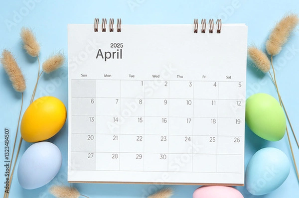 Obraz Close up of paper desk calendar for April, 2025 with Easter eggs painted in pastel colors and dry flowers on a light blue background. Easter celebration concept.