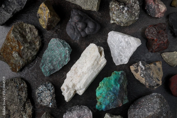 Fototapeta Mixture of critical minerals (United States of America definition), or critical raw materials (European Union definition). Flatlay on slate background