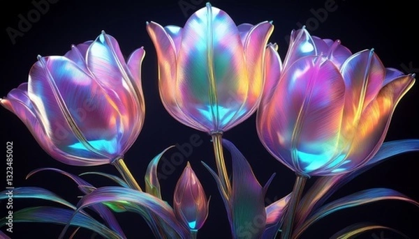 Fototapeta Holographic tulips with iridescent petals, showcasing ultra-modern fantasy botanical artwork with vibrant colors and futuristic design