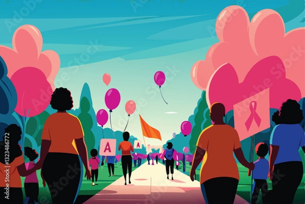 Fototapeta Capture the vibrant energy of a diverse charity walkathon; showcase participants of all ages and abilities enjoying the event, highlighting colorful costumes and banners.