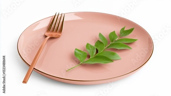 Fototapeta Elegant Blush Pink Plate with Copper Fork and Greenery, Generative AI.