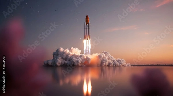 Fototapeta A powerful rocket blasts off into the starry evening sky
