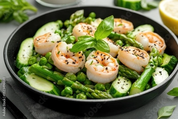 Fototapeta Asparagus and Shrimp Stir-Fry With Fresh Vegetables in a Black Skillet Served With a Lemon Wedge
