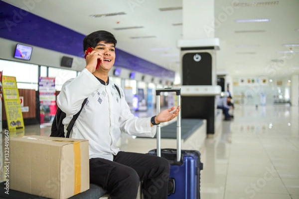Fototapeta Happy Muslim Man Having Phone Call While Sitting and Waiting for Flight at Terminal Corridor. Mudik on Ramadan Moment Concept.