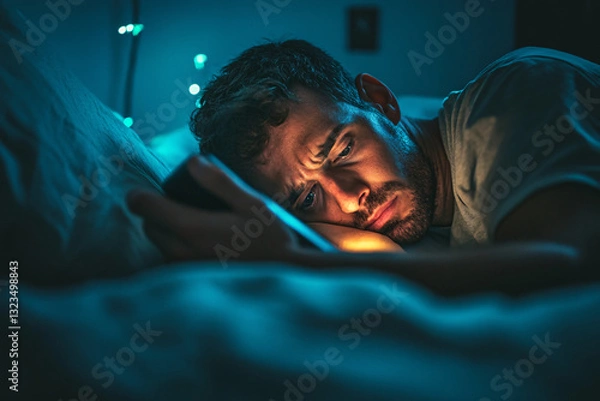 Obraz A tired man lying in bed at night illuminated by the glow of his smartphone screen struggling to sleep  
