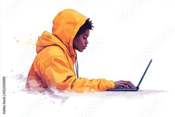Fototapeta Tech-Savvy Youth: A focused young individual in a vibrant yellow hoodie, engrossed in using a laptop, with creative touches accentuating the digital world.