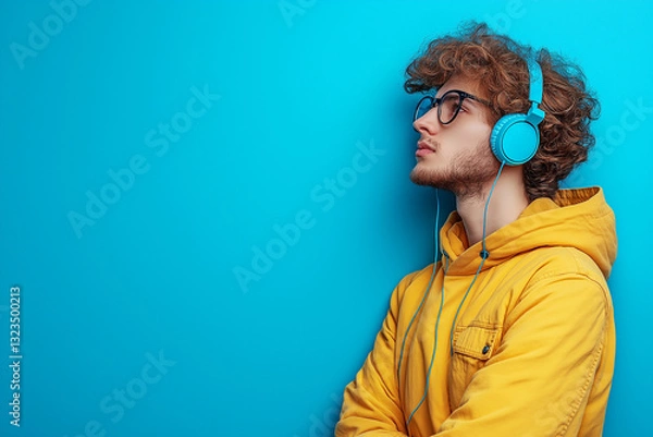 Obraz Listening with Depth: A contemplative young man with curly hair, clad in a yellow hoodie, immersed in music with turquoise headphones, captured against a vibrant blue backdrop.