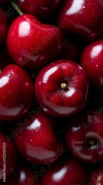 Fototapeta Close Up of Fresh Red Cherries with Stems Detailed Fruit Texture