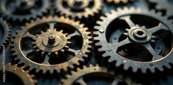 Fototapeta Close-up of intricate clockwork gears meshing , steampunk, craft