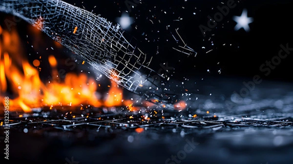 Obraz Burning flames and shattered mesh against a dark backdrop