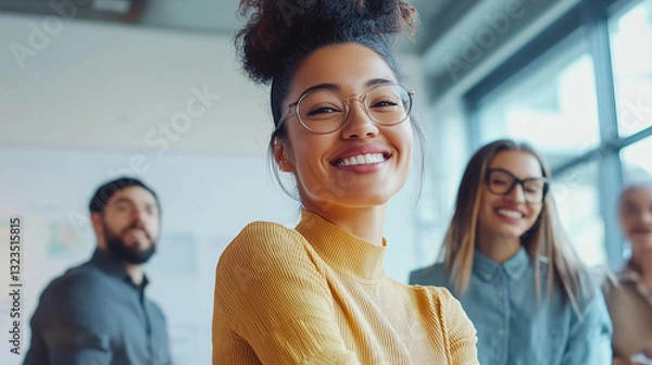 Fototapeta Confident Gen Z Woman Leading a Team in Modern Office, Brainstorming with Sticky Notes on Whiteboard, Collaboration and Innovation at Work, Casual Style.